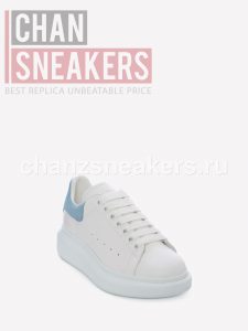 Alexander McQUEEN Oversized Sneaker White Smooth Calf Leather Dream Blue Suede Heel - Image 4