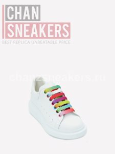 Alexander McQUEEN Oversized Sneaker White Smooth Calf Leather Multicolor Eyelets Rainbow Laces - Image 5