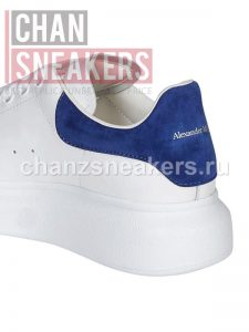 Alexander McQUEEN Oversized Sneaker White Smooth Calf Leather Worker Blue Suede Heel - Image 6